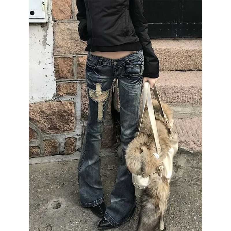 Women Vintage Blue Low Rise Flared Jeans Denim Pants American Retro Slim 90s Bell Bottom Y2k Harajuku Kpop Trousers M260310