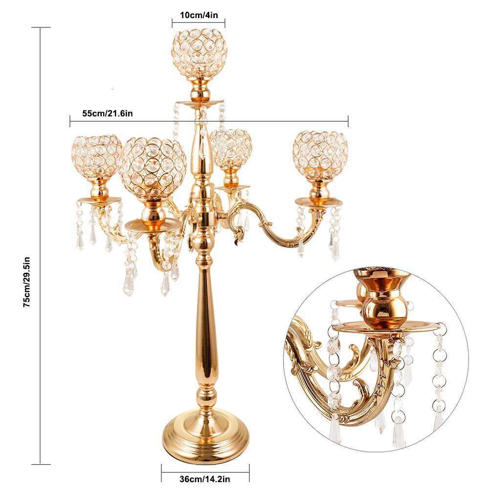 Gold Crystal Candle Holders for Wedding Party Home Decoration Centerpieces, Halloween Christmas Room Decor 5 Arms Candlestick H260310