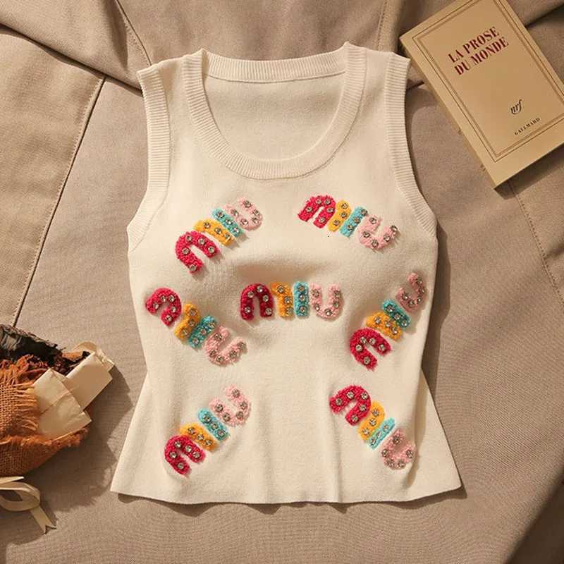 Spring And Summer New Diamond Embroidery Letter Casual Round Neck Loose Womens Sleeveless KnittedVest Fashion Short T-ShirtT260310