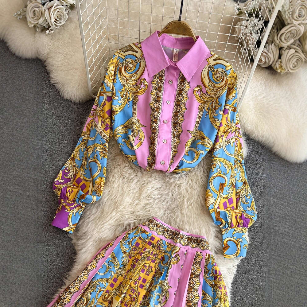 Women's Fashion Set Korean Elegant Long Sleeve Collar Single breasted Printed Shirt Two Piece Set High Waist Skirt