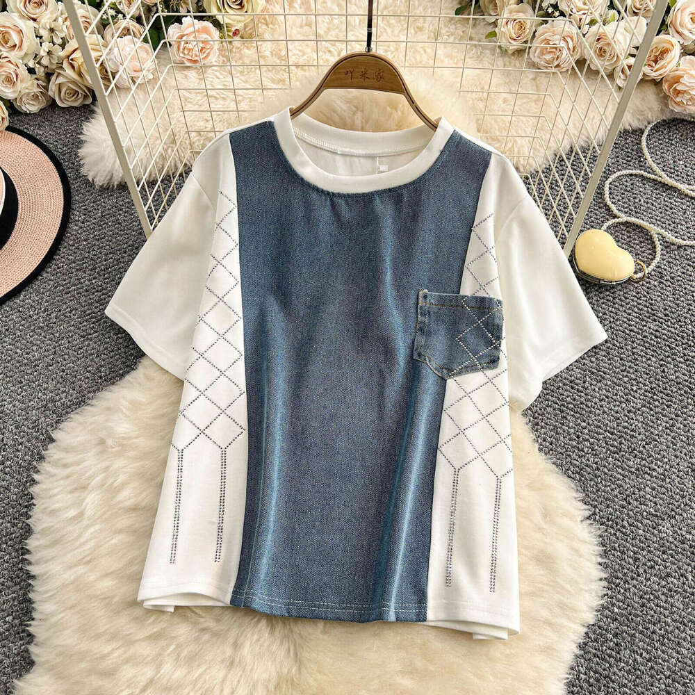 2026 summer design loose fit denim patch rhinestone round neck short sleeved top wide leg pants set