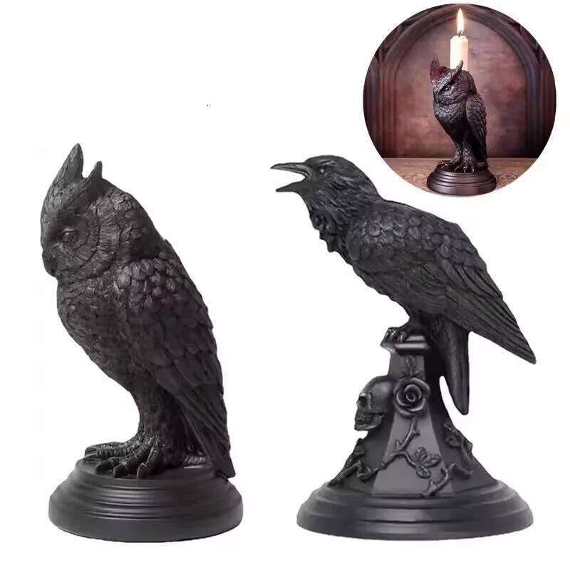Gothic Style Owl Raven Craft Tabletop Ornament Halloween Holder Candle Holders Decor for Table H260310