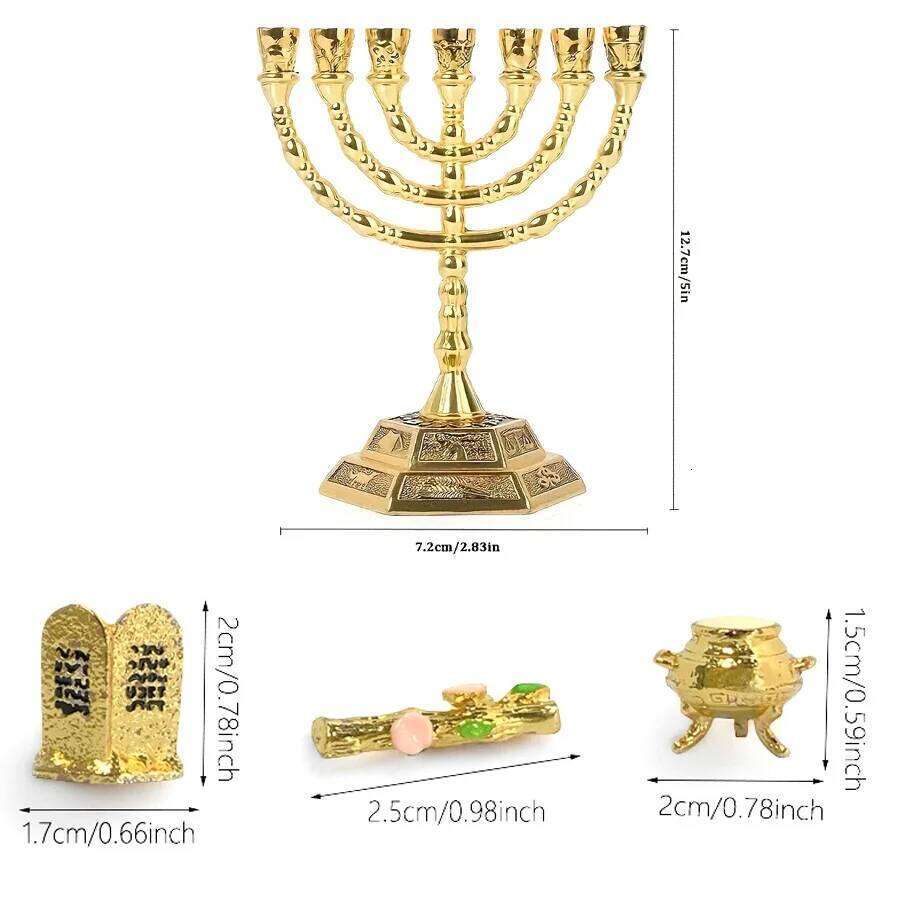 Jewish Religious Decor Set - 7-Branch Menorah, Torah Tablets, Golden Calf, Aarons Rod Replica for Hanukkah & Synagogue H260310