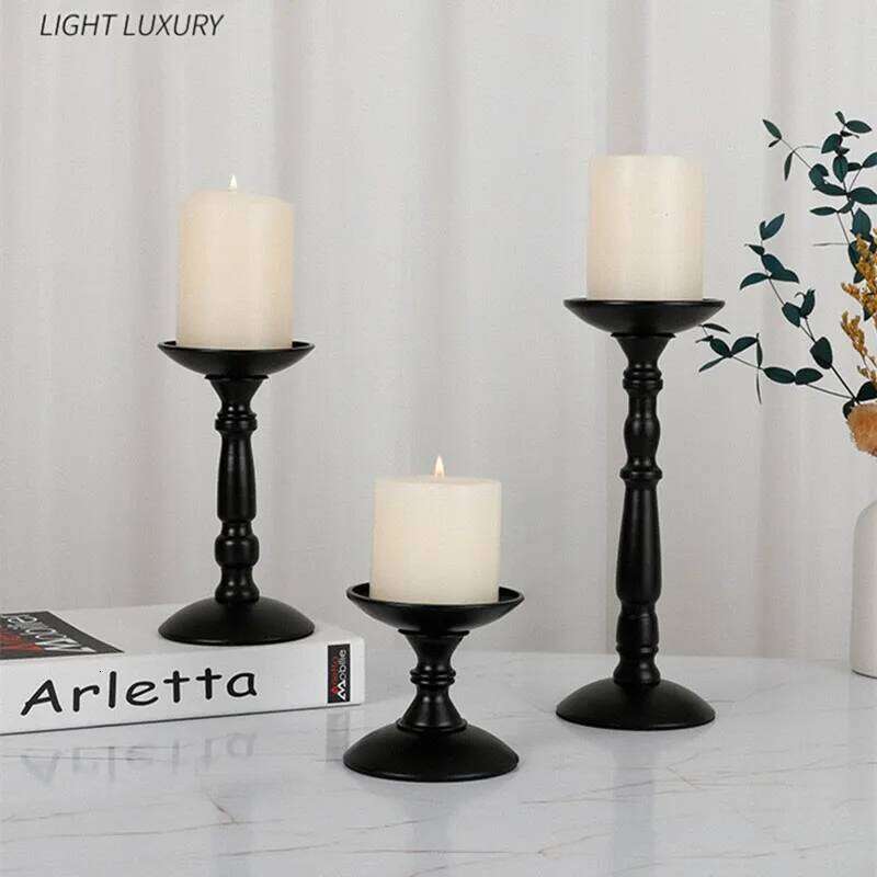 Steel Black Holders American Retro Candlestick Table Decoration Roman Pillar Candle Stand H260310