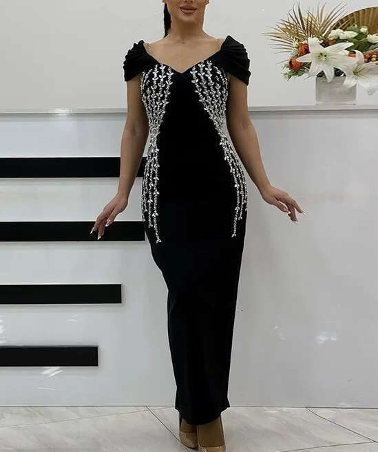 2026 new European and American style sexy off shoulder tight dress in black with thick tassels and rhinestone decoration