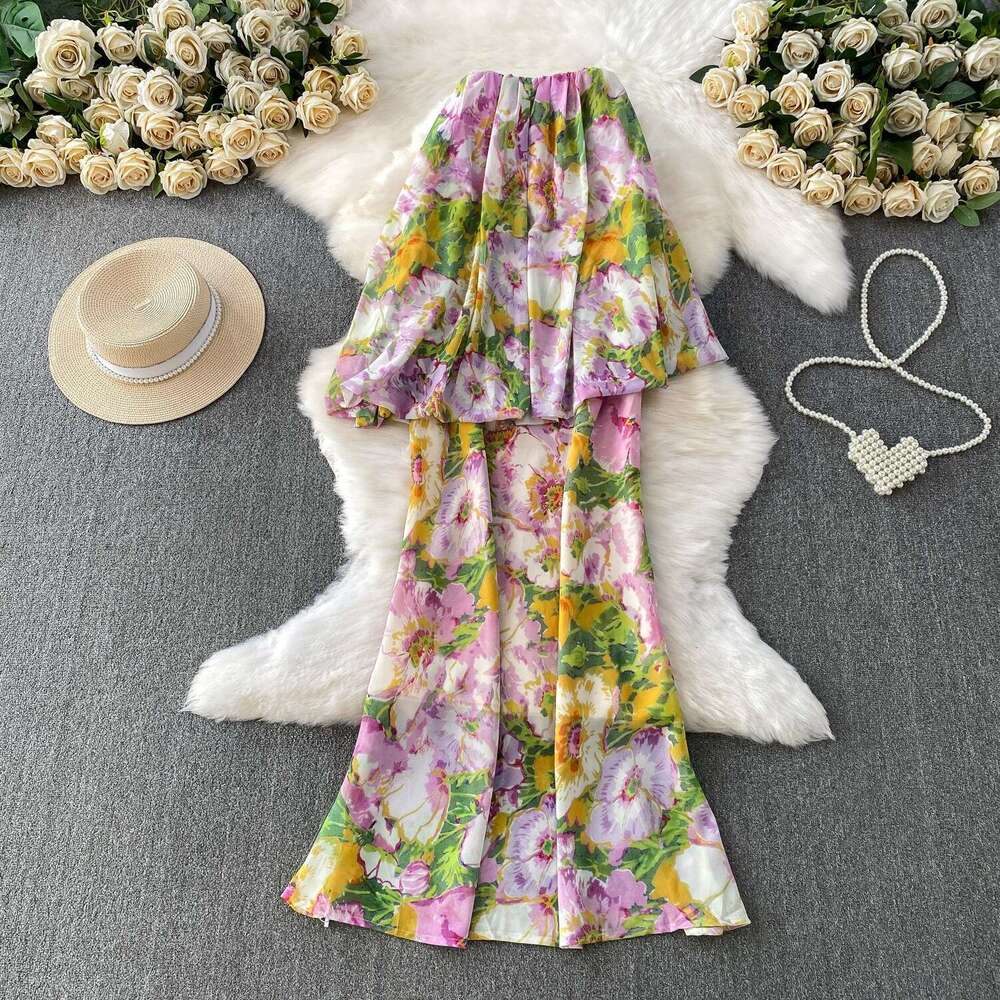 Vintage French vacation style charming and elegant women's printed strapless dress paired with a niche elegant cape