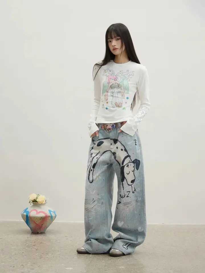 Y2K Vintage Washed Baggy Wide Leg Jeans Women Hand-painted Dalmatian Dog Print Mid Waist Casual Streetwear Denim Pants M260310
