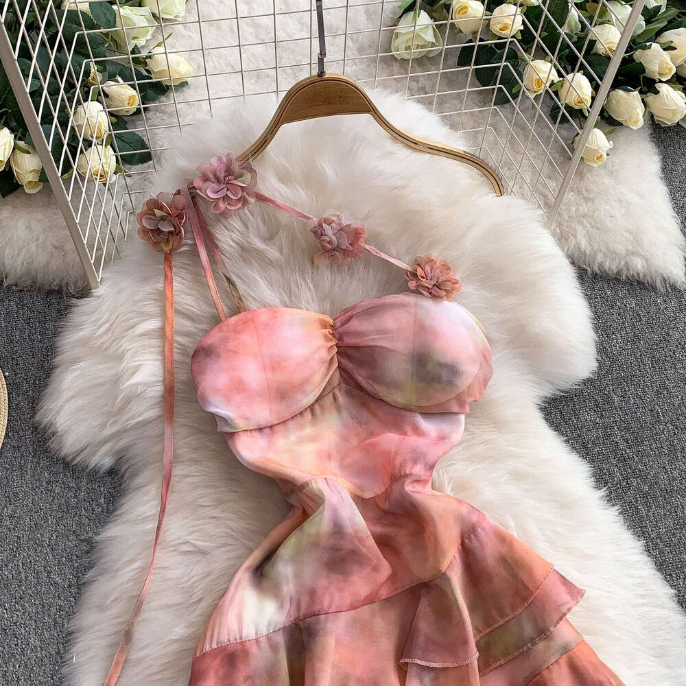 French vacation style romantic 3D floral backless dress for women, high-end pink with irregular pleats