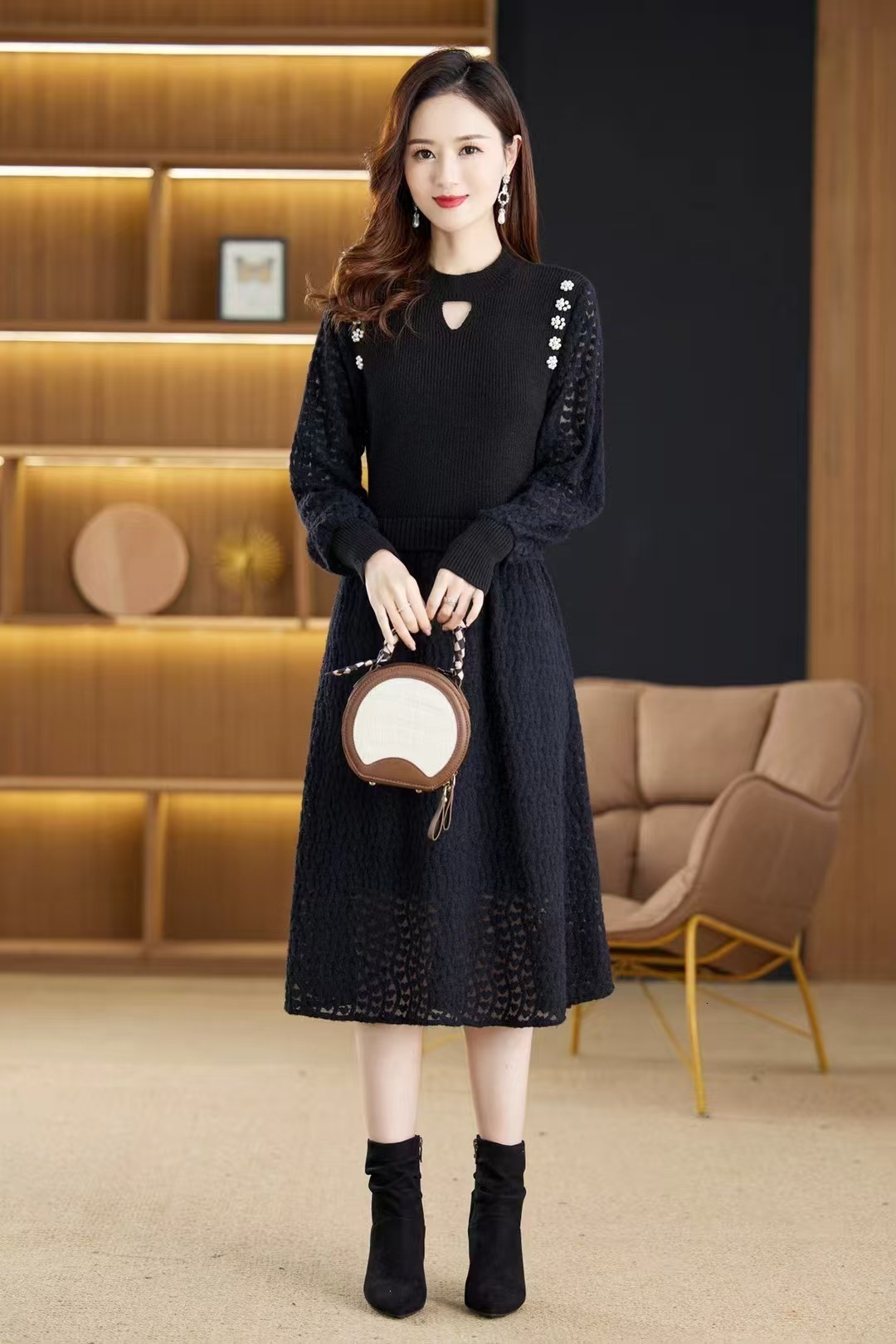 Elegant Knit Tweed Style Slimming Dress For Women Autumn/winter Slim Fit Tweed Patchwork Dresses 240824