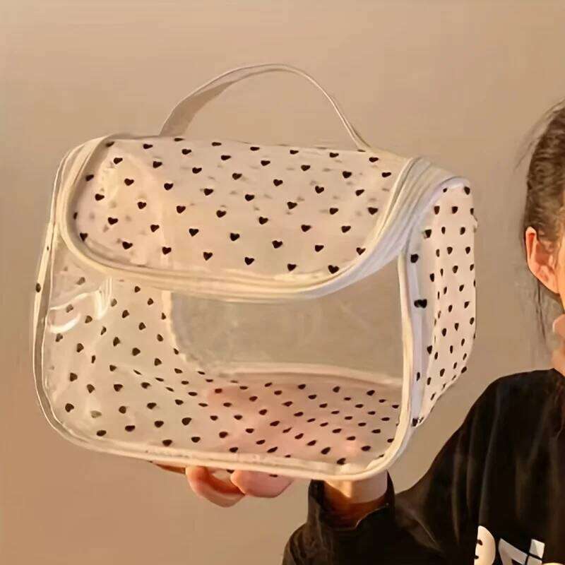 1pc Large Capacity Heart Mesh Makeup Bag Frosted Transparent Cosmetic Toiletry Organizer Travel Pouch for Office Home or Daily XJ260310