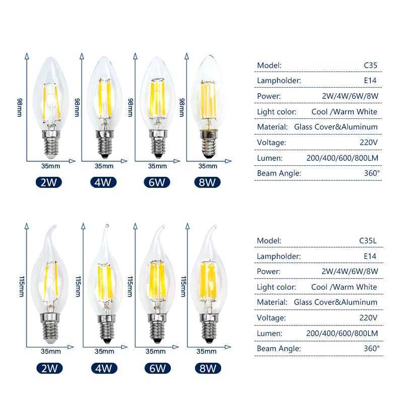 1-24PCS C35 Candle Led Bulb C35L E14 Base 2W 4W 6W 8W Edison Light Bulb 2700K Warm Cold White 6000K Chandelier Replacement Lamp H260310