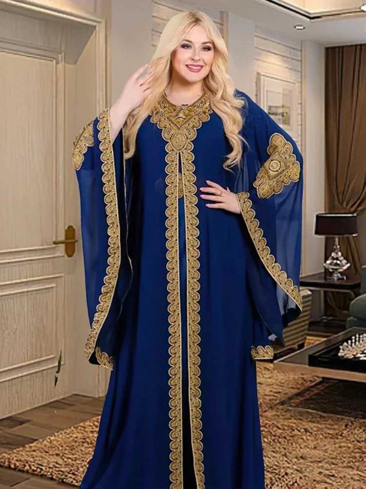 Women Abaya Party Dresses Muslim Caftan 2 Piece Set Eid Flare Slves Robe Embroidered Gold Lace Dress Suit Jalabiya Ramadan X260310