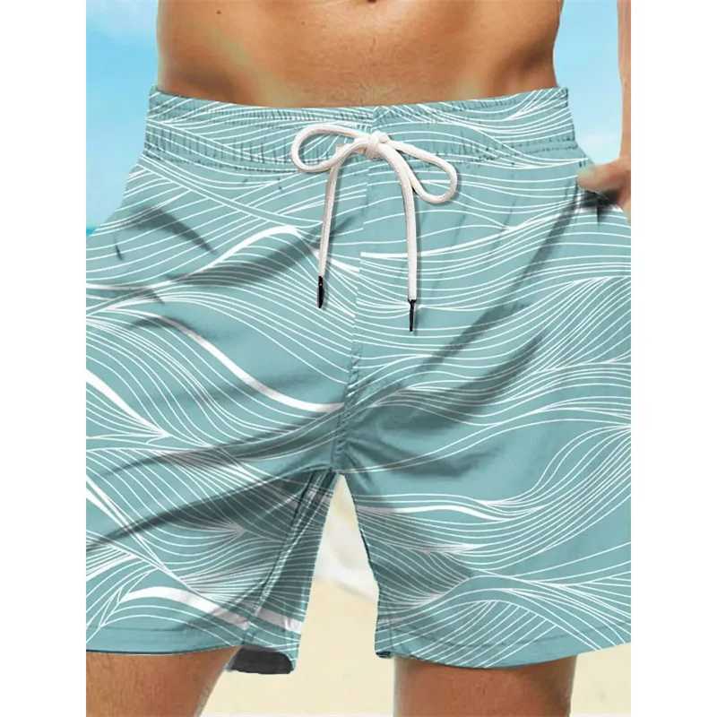 Curved Stripe Graphic Swim Trunks For Men Fashion 3D Print Short Pants Summer Holiday Hawaiian Drawstring Quick Dry Board Shorts N260310