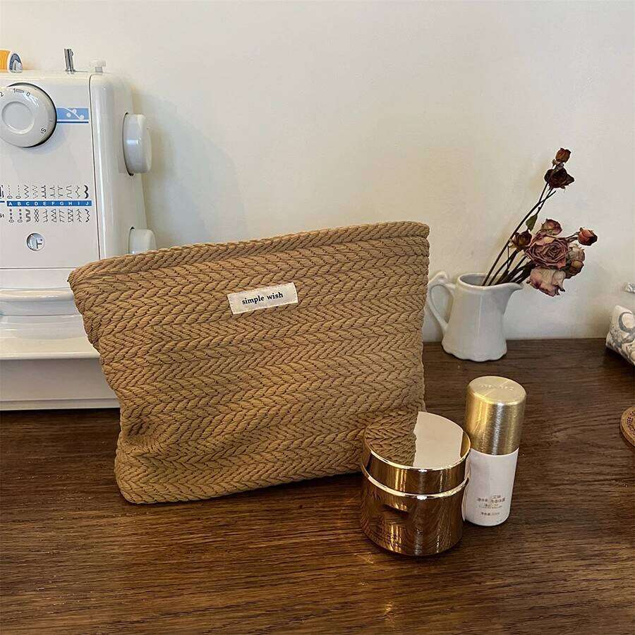 Rice Grain Pattern Woven Fabric Handbag, Women'S Travel Cosmetic Storage Organizer, Makeup Pouch, Zipper Closure, Toiletry Bag XJ260310