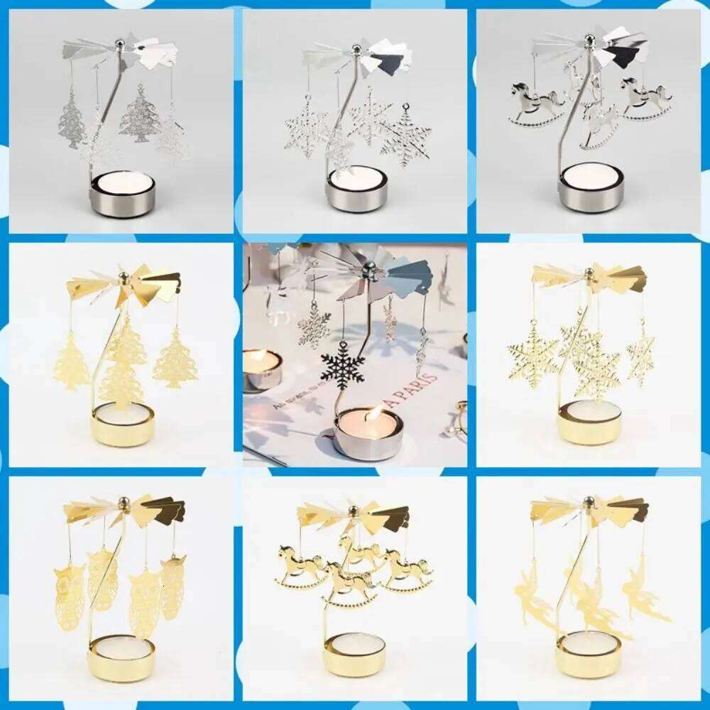 Metal Tea Light Gold Silver Hollow Christmas Rotating Candle Holder Angel Carousel Pattern H260310