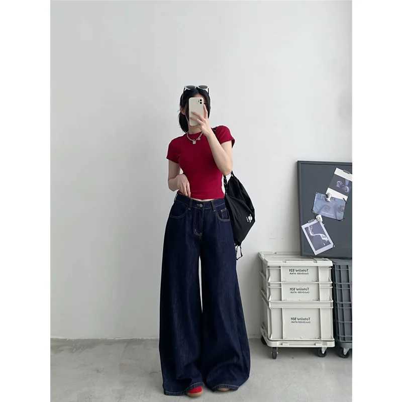 Blue Womens Jeans High Waist Vintage Straight Summer Y2K Classic Denim Pants Streetwear American Wide Leg Baggy Denim Trouser M260310