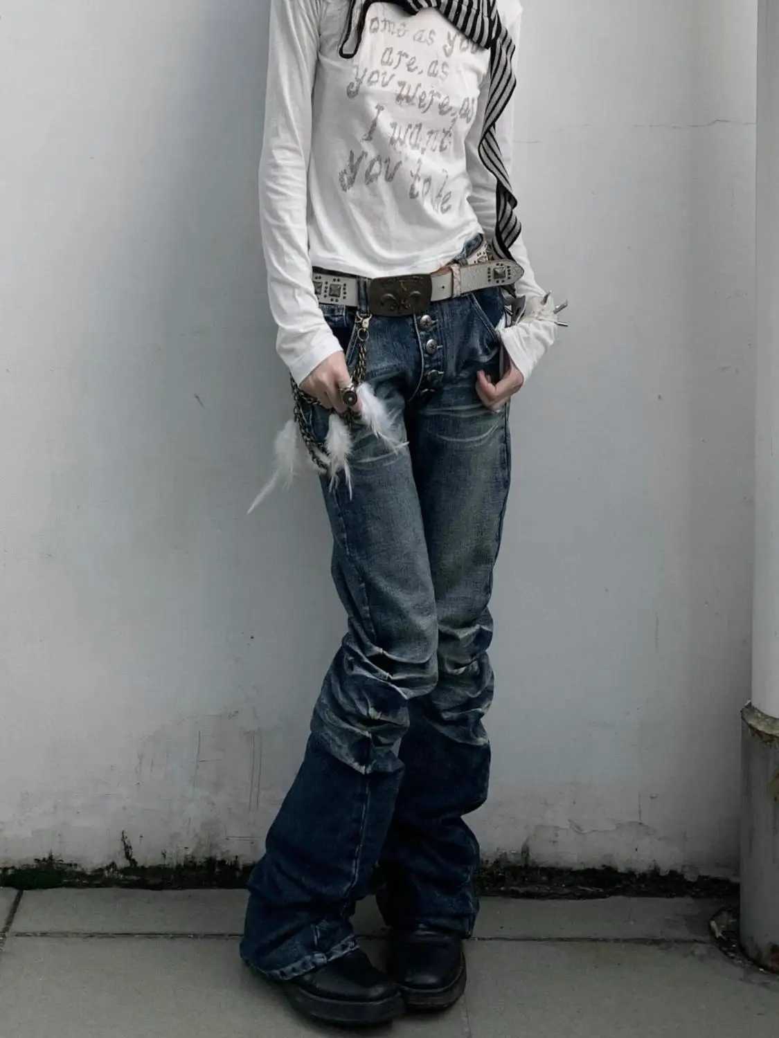 Washed Distressed Vintage Flared Jeans Women High Street Straight Denim Pants American Retro Harajuku Hip Hop Y2k Trousers M260310