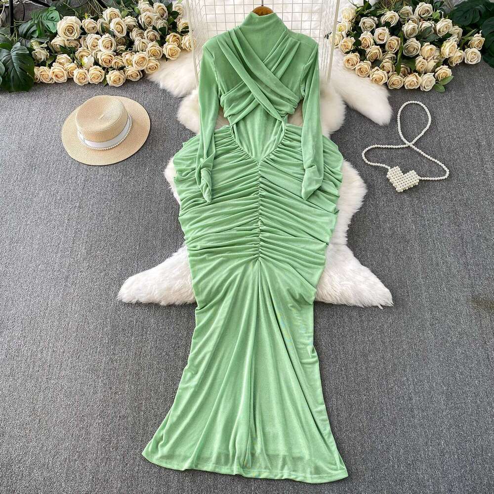 Unique and exquisite women's cross neck semi high neck dress from Europe and America, niche and elegant irregular pleated skirt