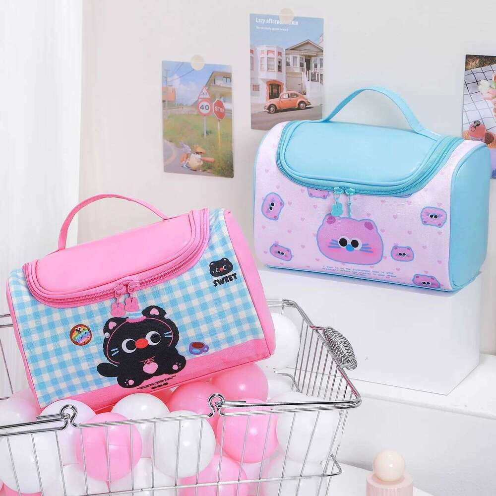 Customizable Cartoon Color Block Handheld Cosmetic Bag Large Capacity Portable Travel Cute Storage Wash & Skincare Organizer XJ260310