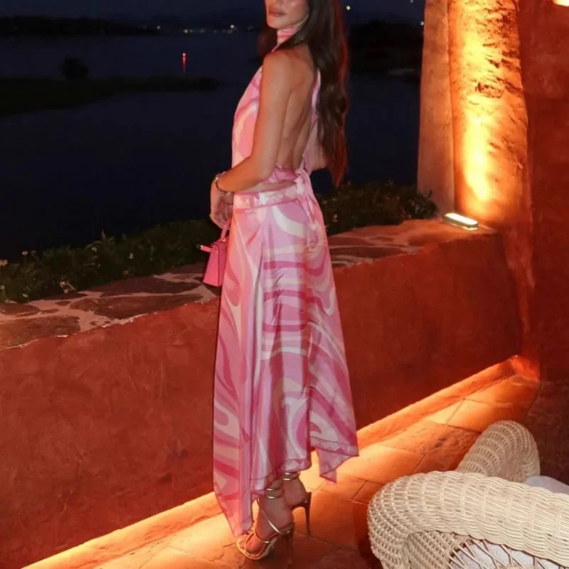 Spring Summer Satin Holiday Outfits Woman Sexy Tie-up Halter Top Irregular Skirt Set Backless Pattern Print Two Piece Suit 260306