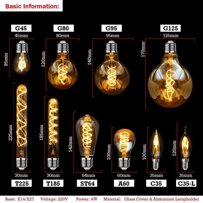 4Pcs Retro Dimmable LED Edison Bulb E27 E14 Gold Spiral Filament 4W Ampoule LED Lamp Incandescent Chandelier Decorative Lighting H260310