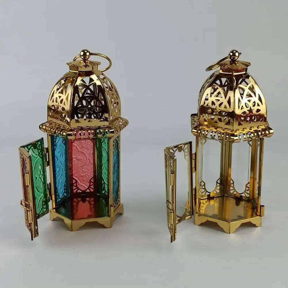 Gold European Castle Candlestick Vintage Hanging Holder Moroccan Glass Candle Lantern Wedding Home Decor Ornaments H260310