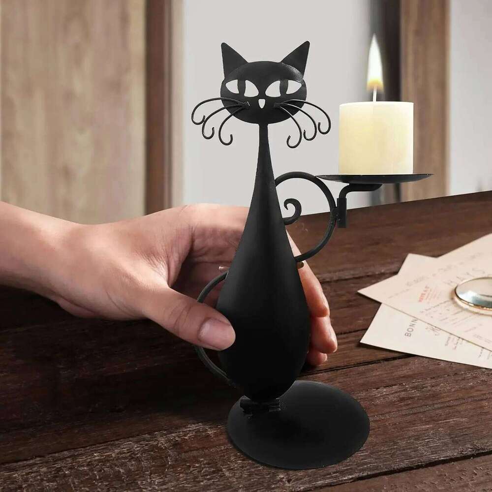 Vintage Black Cat Metal Candlestick Holder for Cylindrical or LED Flameless Candle Home Table Decoration Halloween Party Decor H260310