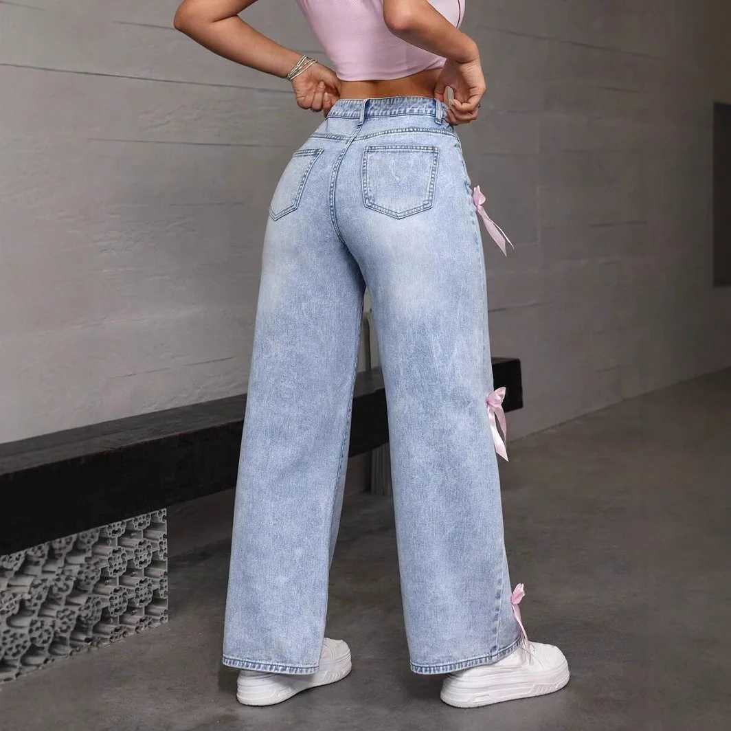 Women Jeans Wide Leg Pants Bow Washed High Waist 2025 Streetwear Denims Distressed Vintage Straight Ankle Length Trousers M260310