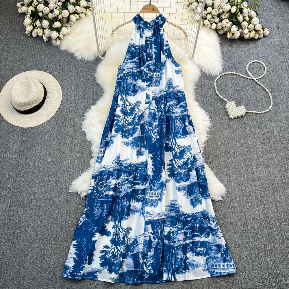 French retro high-end backless collar with ink print sleeveless A-line skirt, elegant and suitable for seaside vacations