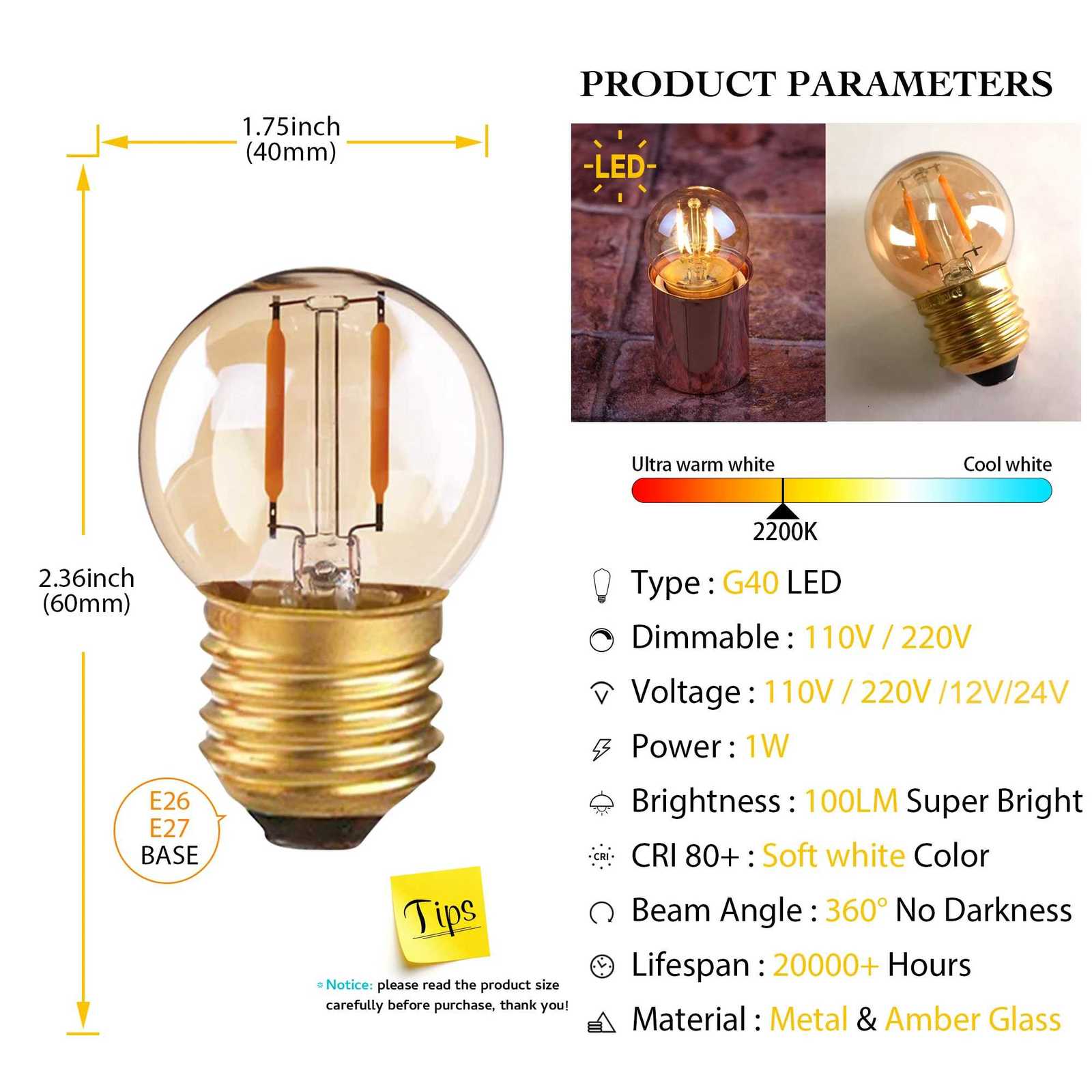 G40 Edison LED Filament Mini Globe Light Bulbs 1W Equivalent to 10Watt Incandescent E27 2200K 220V 12V 24V Decorative Led Bulbs H260310