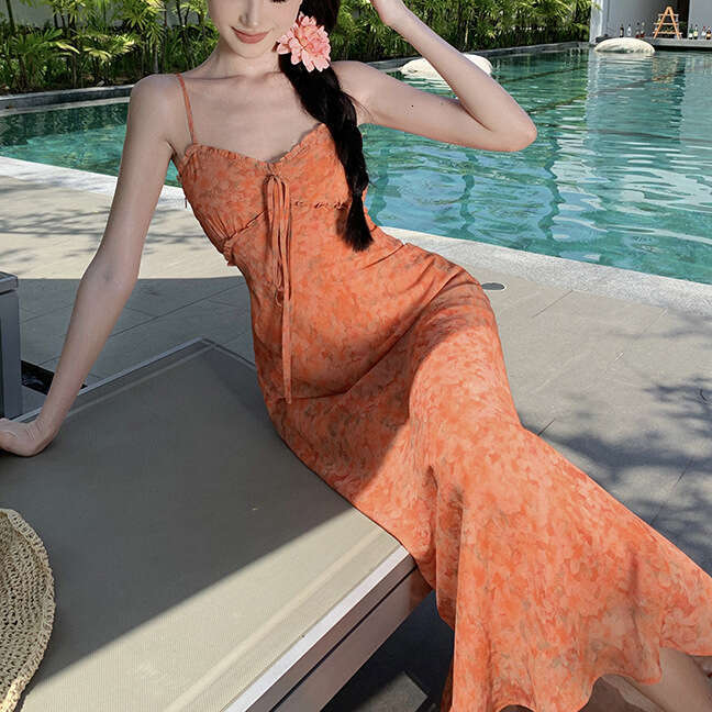 2026 Spring and Summer New Designer Flower Festival Long Skirt with Waist and Lovely Orange Tank Top Dress