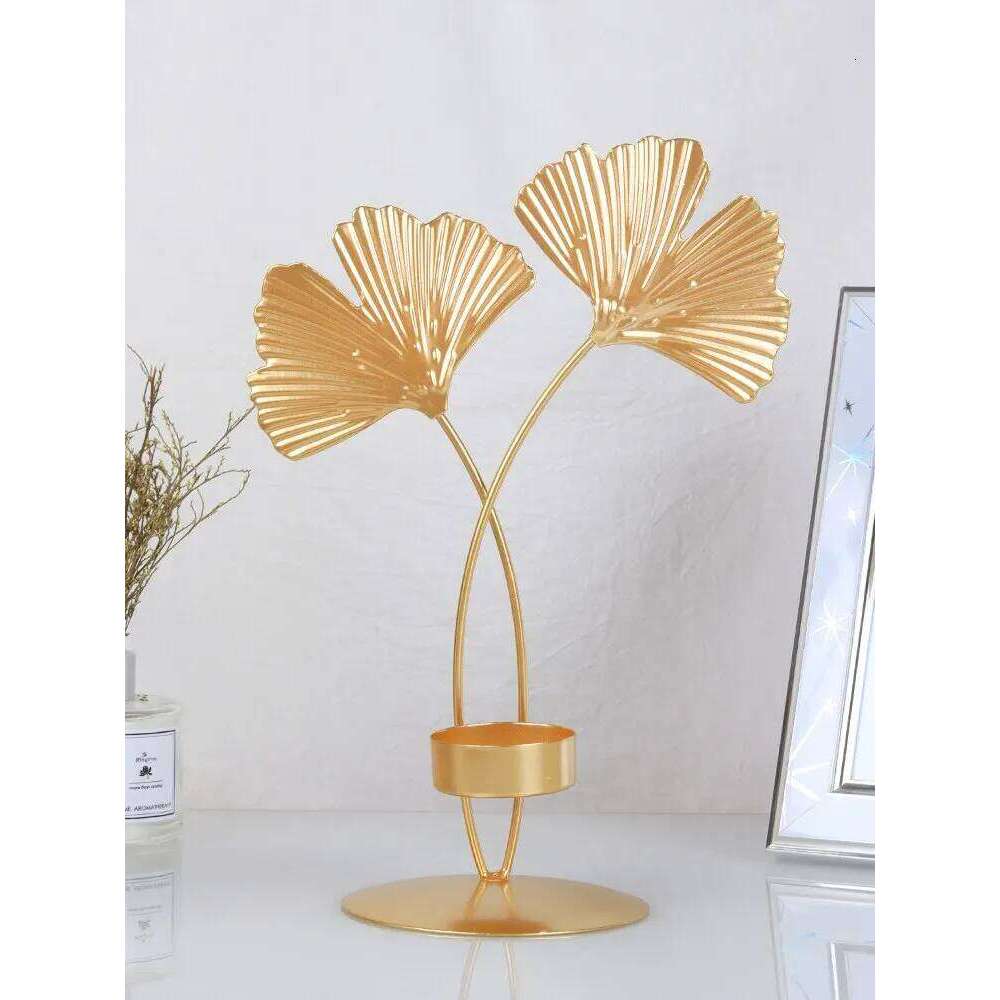1P CNordic Golden Ginkgo Leaf Luxury Living Room Wedding Party Home Decoration Candlestick H260310