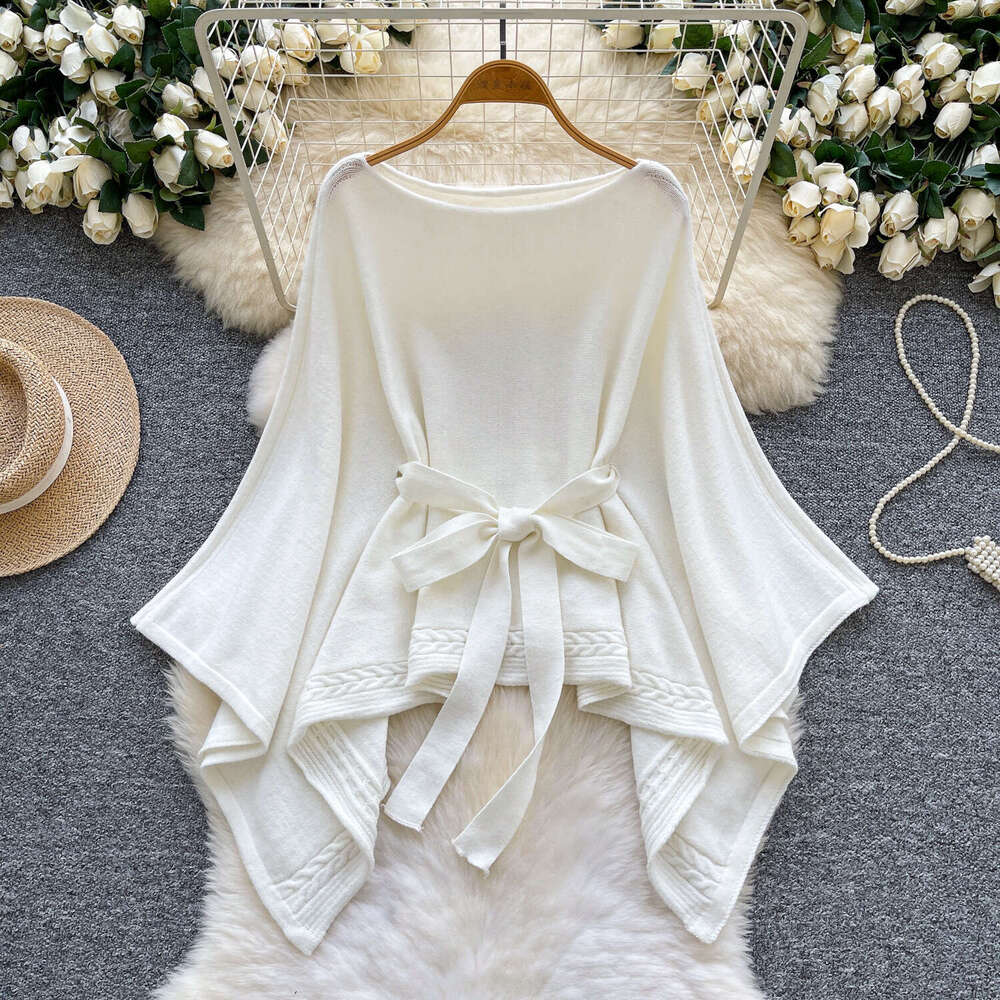 2026 casual fashion high-end tie waist off shoulder cape knitted women's sweater autumn loose fit versatile asymmetric