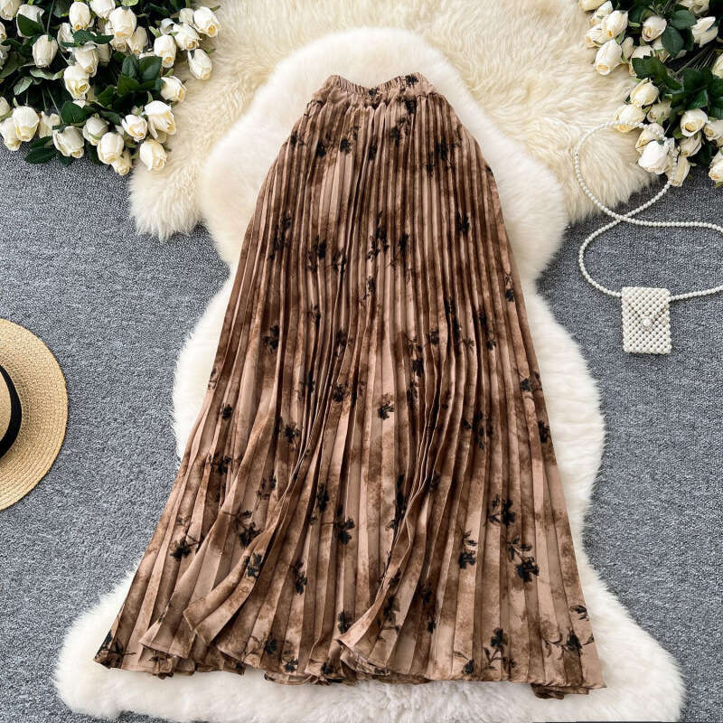 French retro printed women's 2025 autumn and winter new high waist slim fit A-line pleated long skirt