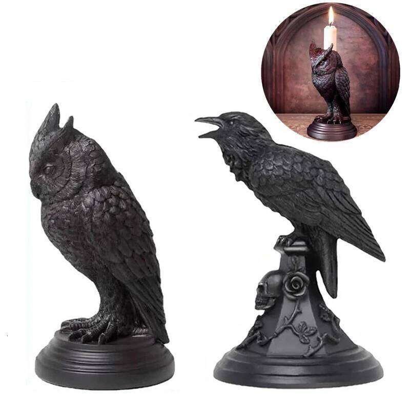 Gothic Crow Candle Holder Retro Black Owl Candlestick Resin Sculpture Craft Halloween Statue Fun Atmosphere Home Decoration H260310