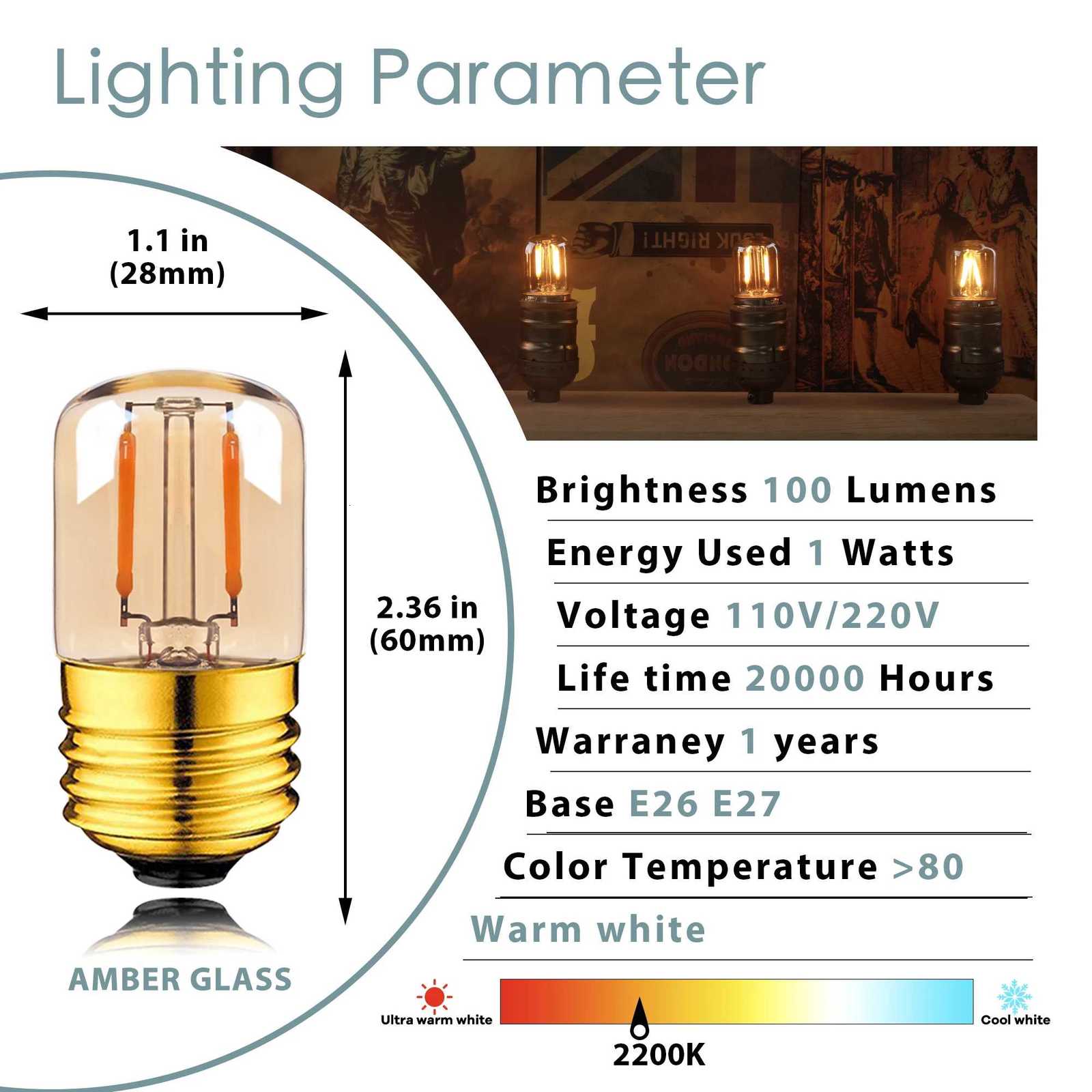 GANRILAND E27 Tubular Led Light Bulbs Gold Tint Warm White 2200K Low Watt 1W 110V 220V Dimmable Indoor Decor Vintage Small Bulb H260310