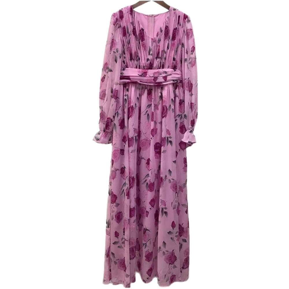 2026 Spring and Autumn New Women's Celebrity Style Goddess Fairy Flower V-neck Large Bottom Silk Smooth and Elegant Long Dress