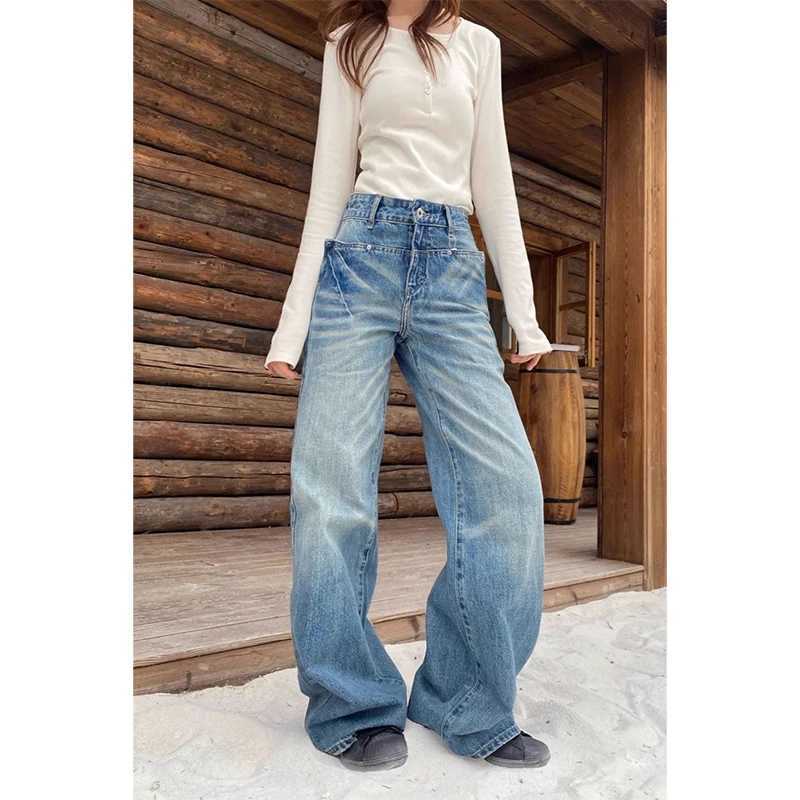 European and American RETRO Washed Blue Low Rise Jeans for Women 2025 Winter Y2k Millennium Style Spicy Slimming Floor Pant M260310