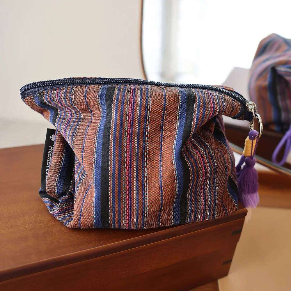 Colorful Striped Fringe Pendant Makeup Ethnic-Style Women's Zipper Travel Portable Storage Pouch Inner Liner Bag Clutch XJ260310