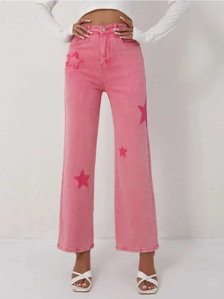 Womens Pink Jeans Star Print Flared High Waist Denim Trousers Stylish and Comfortable Outfit OptionT260310