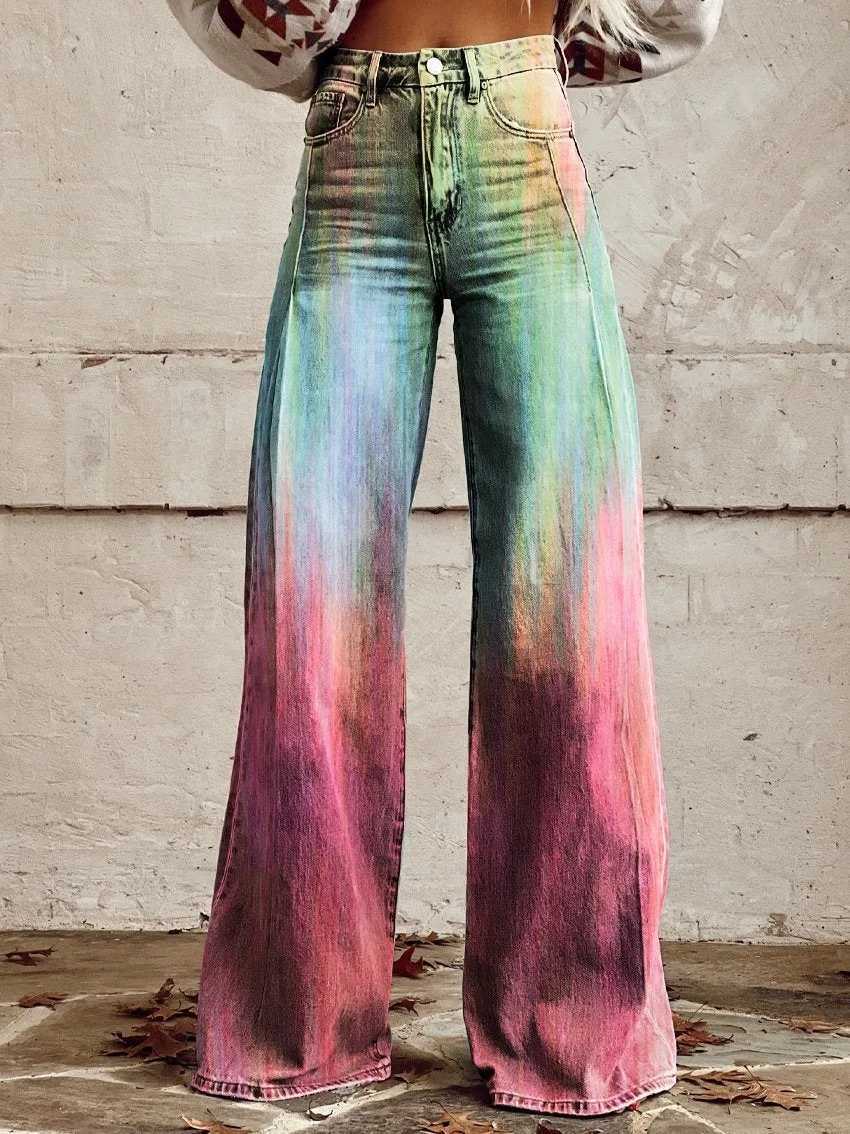 Womens Fashion Casual Trendy Faux Denim Pants Stylish Loose Fit High Waist Trousers M260310