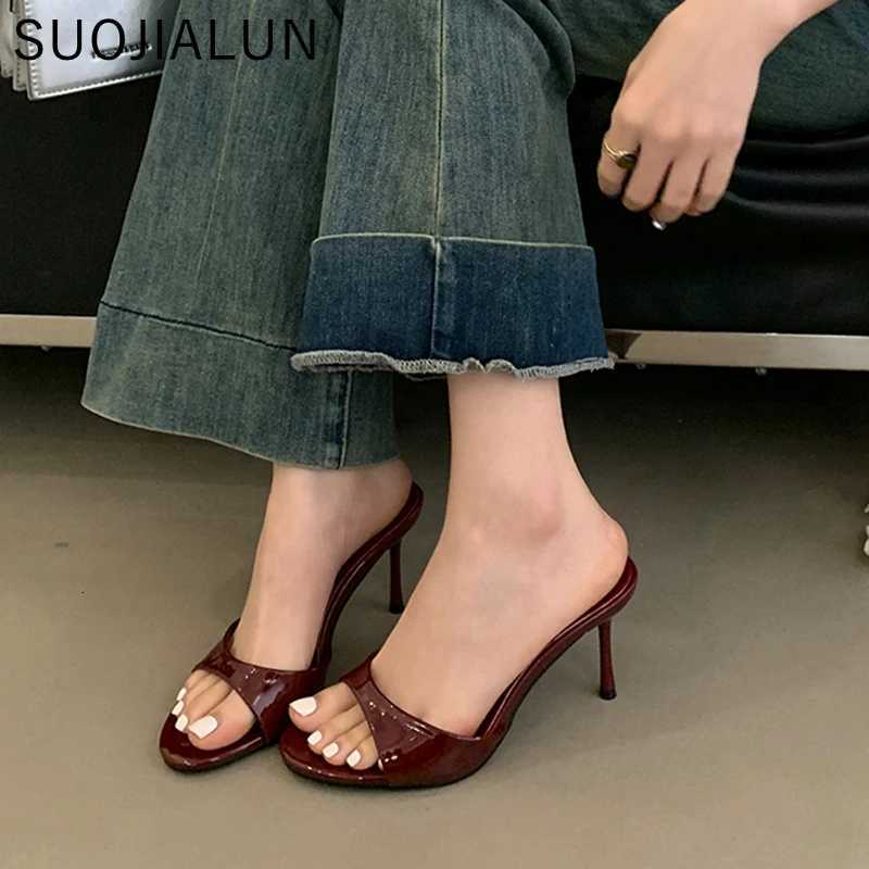 SUOJIALUN 2025 Summer New Women Slipper Fashion Open Toe Slip On Slides Ladies Elegant Thin High Heel Dress Pumps Slides K260312