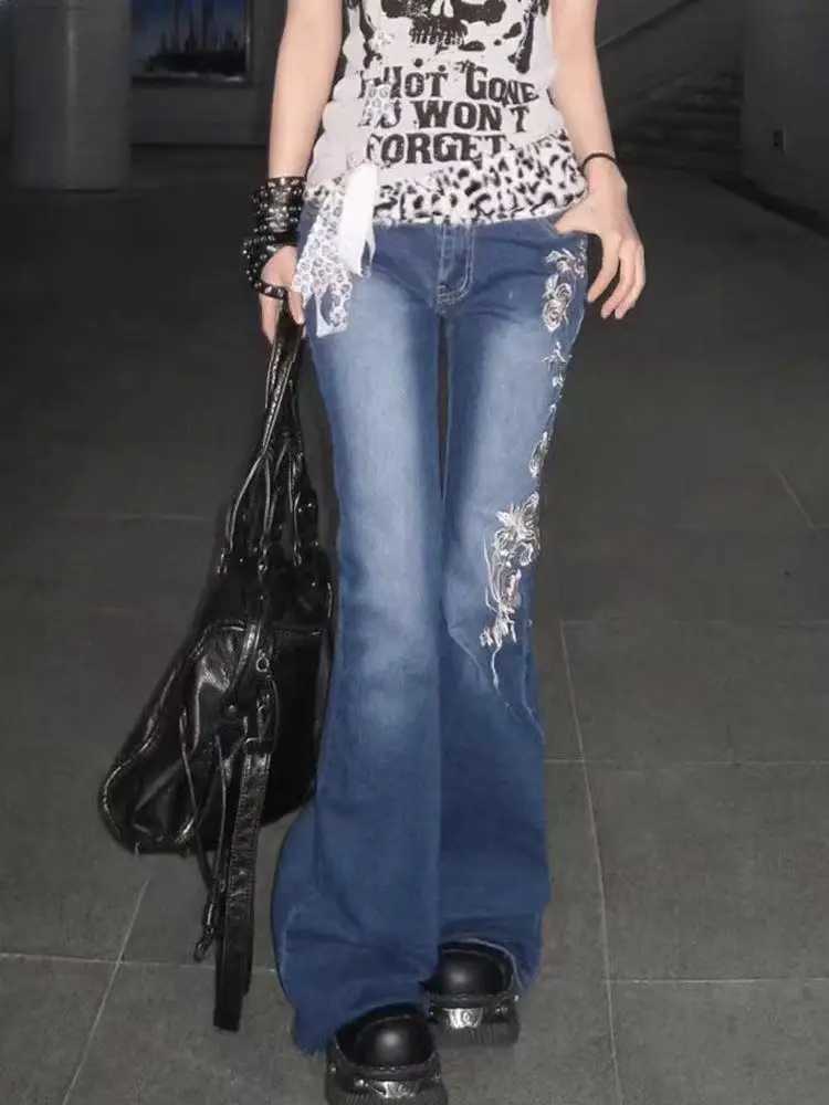 Harajuku Subculture Flared Jeans Woman Summer Y2k Gothic Hot Chick Streetwear Loose Jean Pants Vintage Design Distressed Clothes M260310