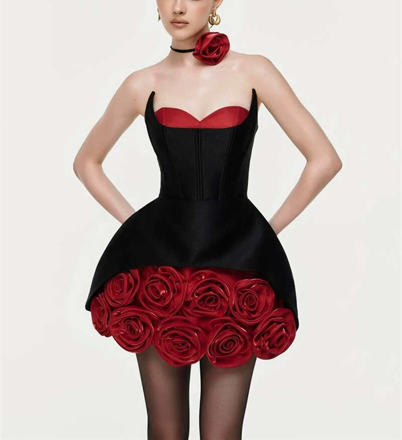 2026 new women's niche design sexy strapless three-dimensional flower decoration heavy fluffy short skirt