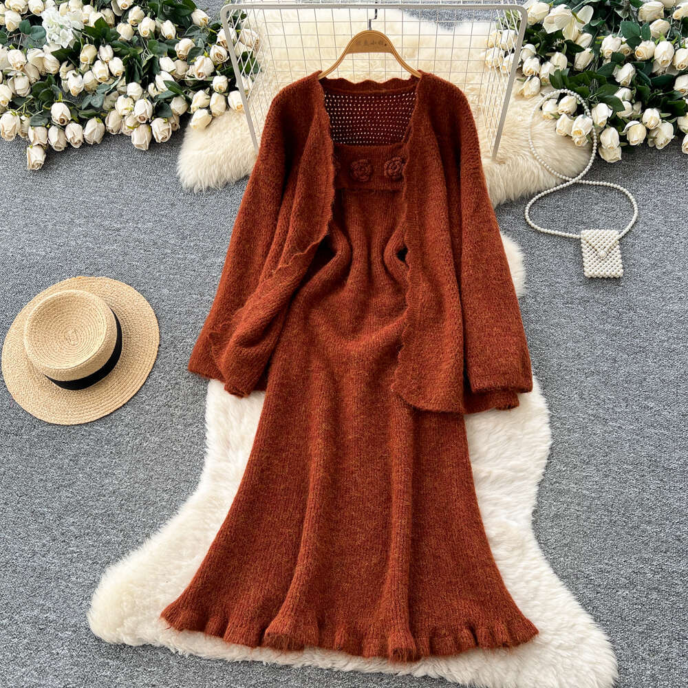 Gentle style women's autumn and winter clothing three-dimensional flower waist belt knitted dress loose jacket 2026
