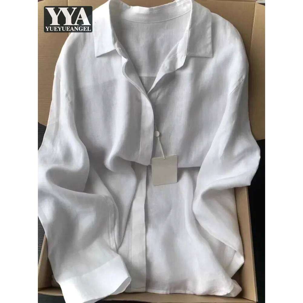 Casual Office Ladies Work Solid Color Linen Shirt Long Sleeve Spring Summer Single Breasted Loose Fit Fashion Women Blouses Tops