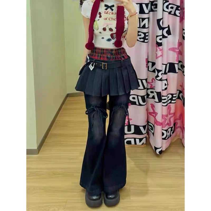 YIBASHU Autumn Womens Denim Pants Slim Flared Jeans Fake Two Pieces Bell Bottom Jeans Abi Y2k Dark Academia Skinny Cyber Punk M260310