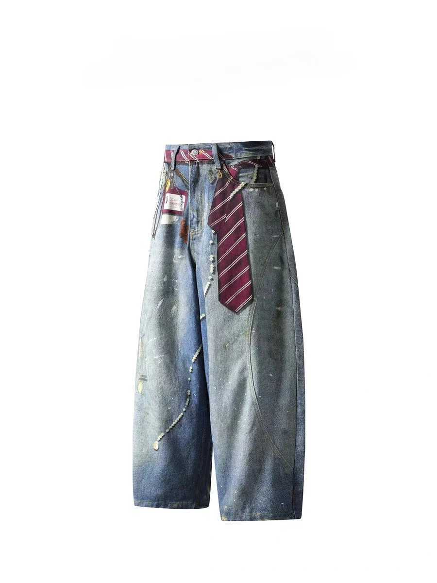 American Retro Scimitar Tie Exquisite Printed Blue Jeans Autumn New Design Loose Contour Floor Pants Women Street Fashion Pants M260310