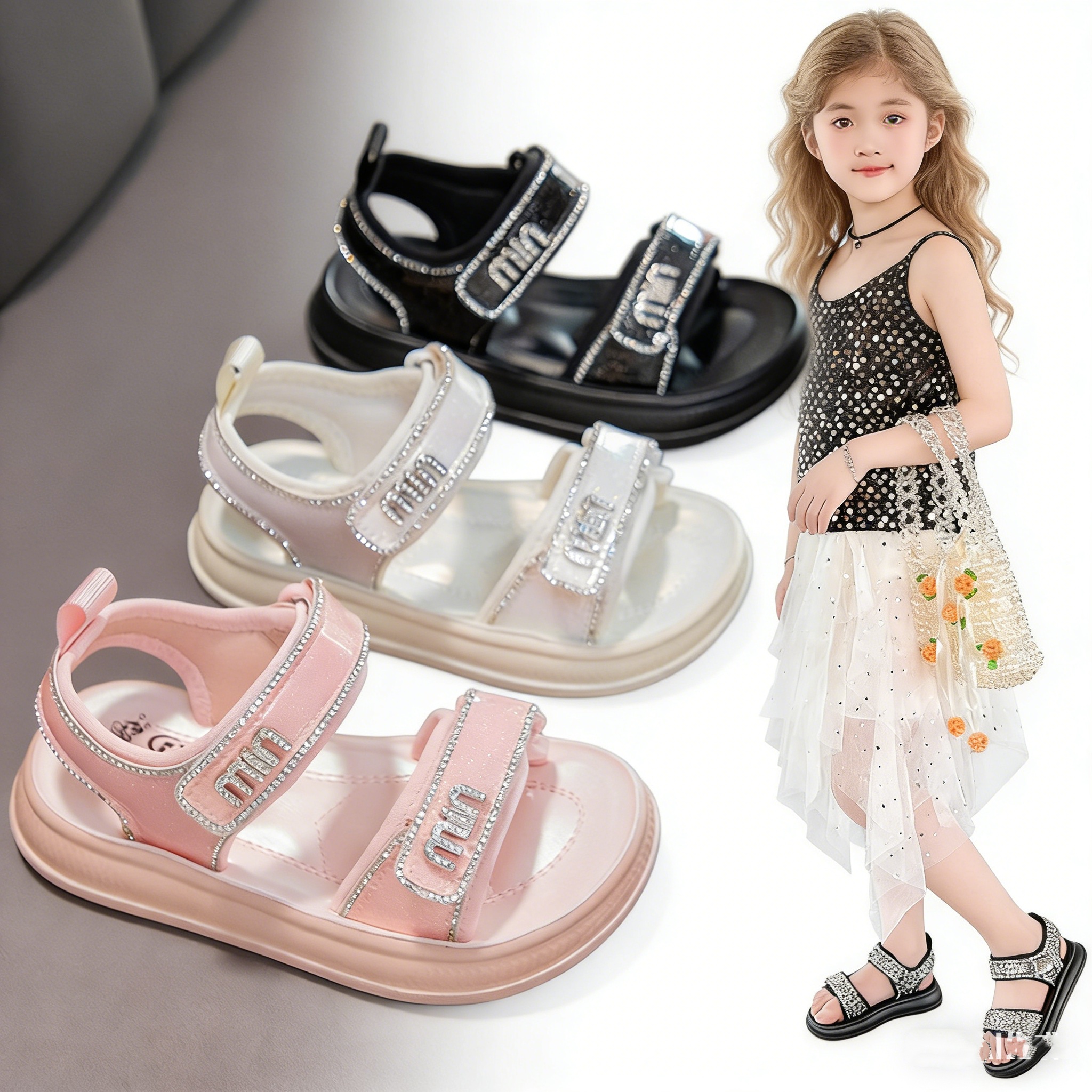 Free shipping Hot Sale Children Summer Sandals Pink White Black Girls Fashion Sneakers Light Weight Comfortable Non-slip Beach Shoes Size27-38