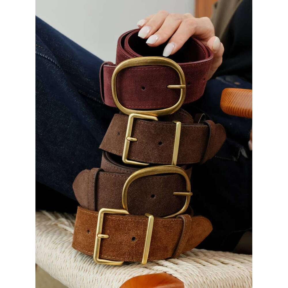Genuine Vintage Women's Fashion Retro Brown Suede Belt Gold Buckle Leather Waistband for Dress Coat Jeans H260310